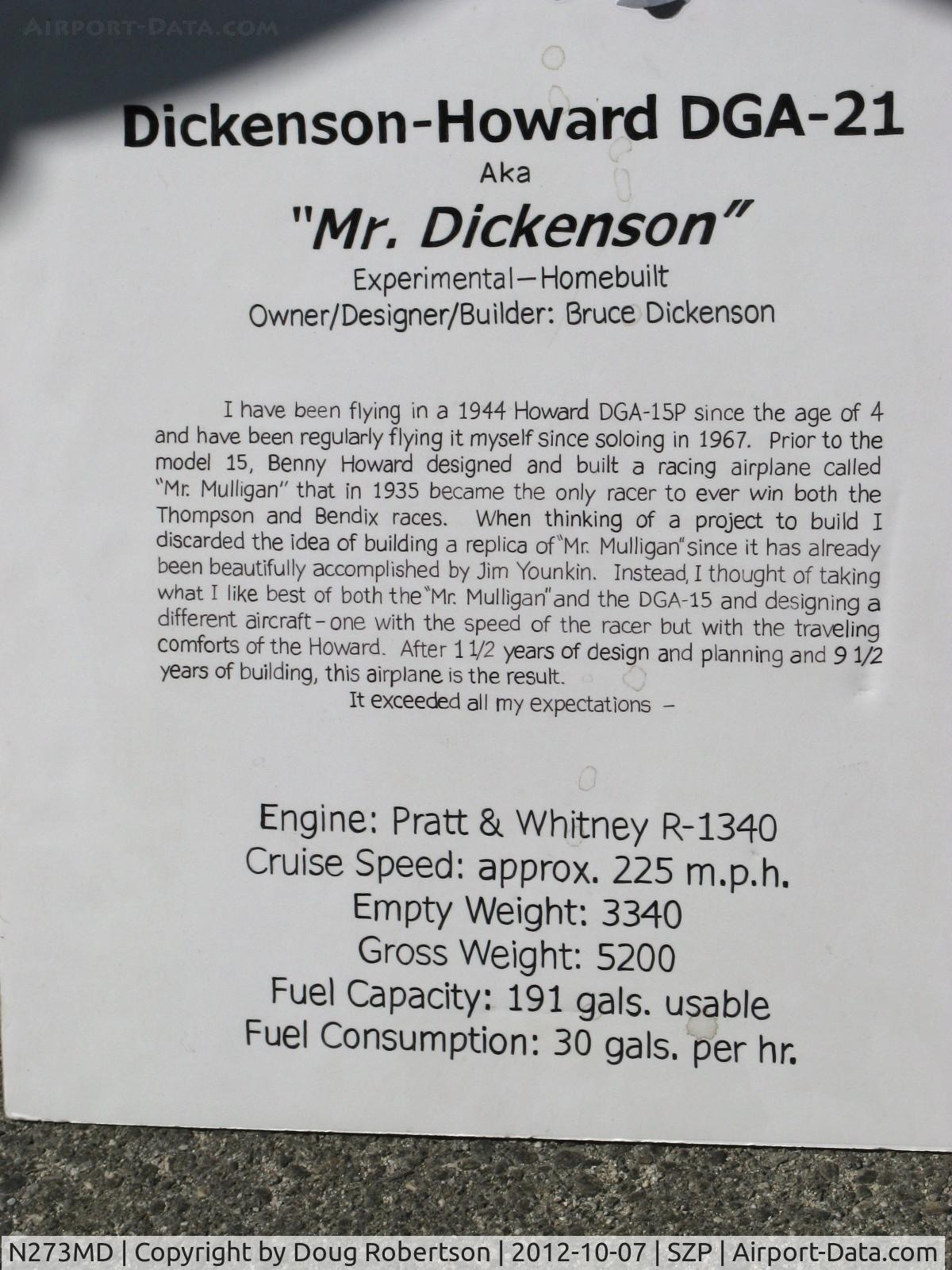 N273MD, 2008 Dickenson Howard DGA-21 (Replicate) C/N 001, 2008 Dickenson HOWARD DGA-21 'Mr. Dickenson', P&W R-1340-57 Wasp 600 hp, 6+15=21, Bruce's story and aircraft data. An incredible accomplishment!!!