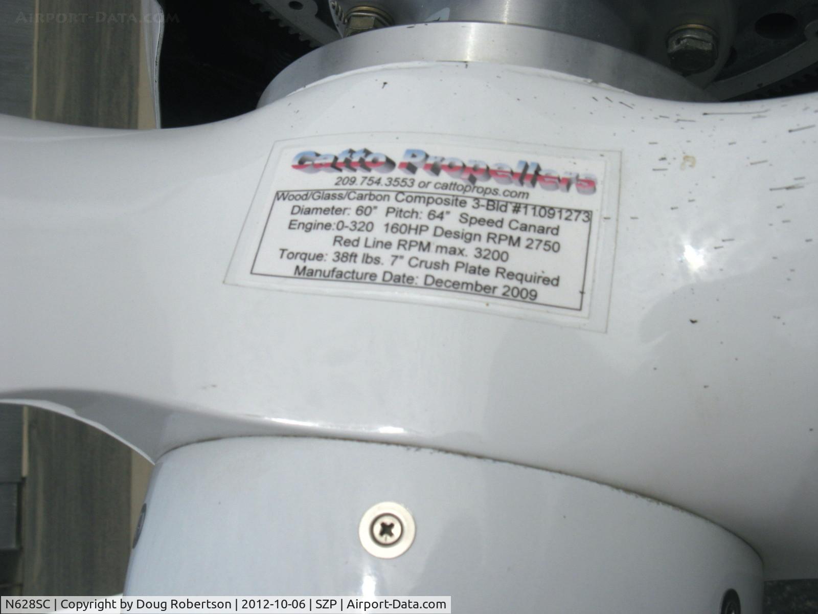 N628SC, Gyroflug SC-01B-160 Speed Canard C/N S-29, Gyroflug SC 01 B SPEED CANARD, Lycoming O-320-D1A 160 Hp pusher, Catto scimitar pusher prop data. Photo rotated for legibility