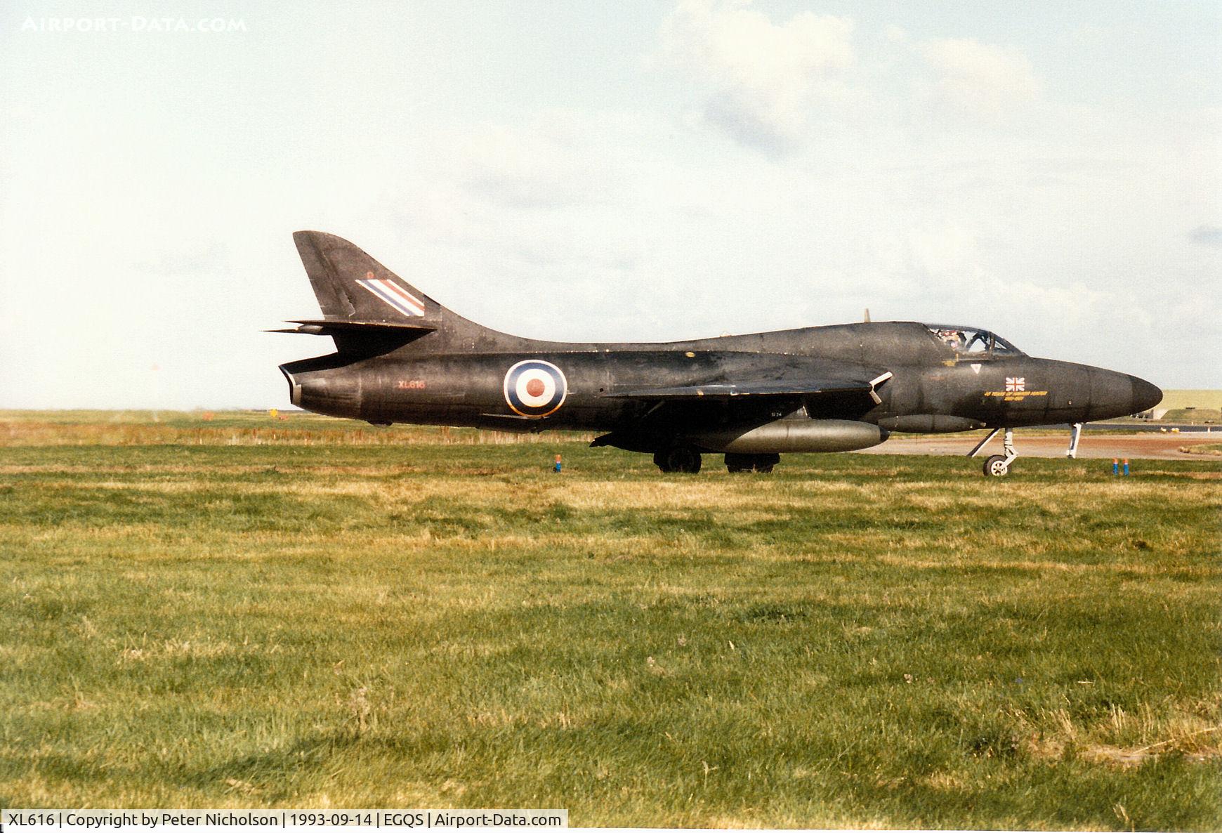 XL616, 1959 Hawker Hunter T.7A C/N 41H-695448, Hunter T.7 of 12 Squadron taxying to Runway 05 at RAF Lossiemouth in September 1993.