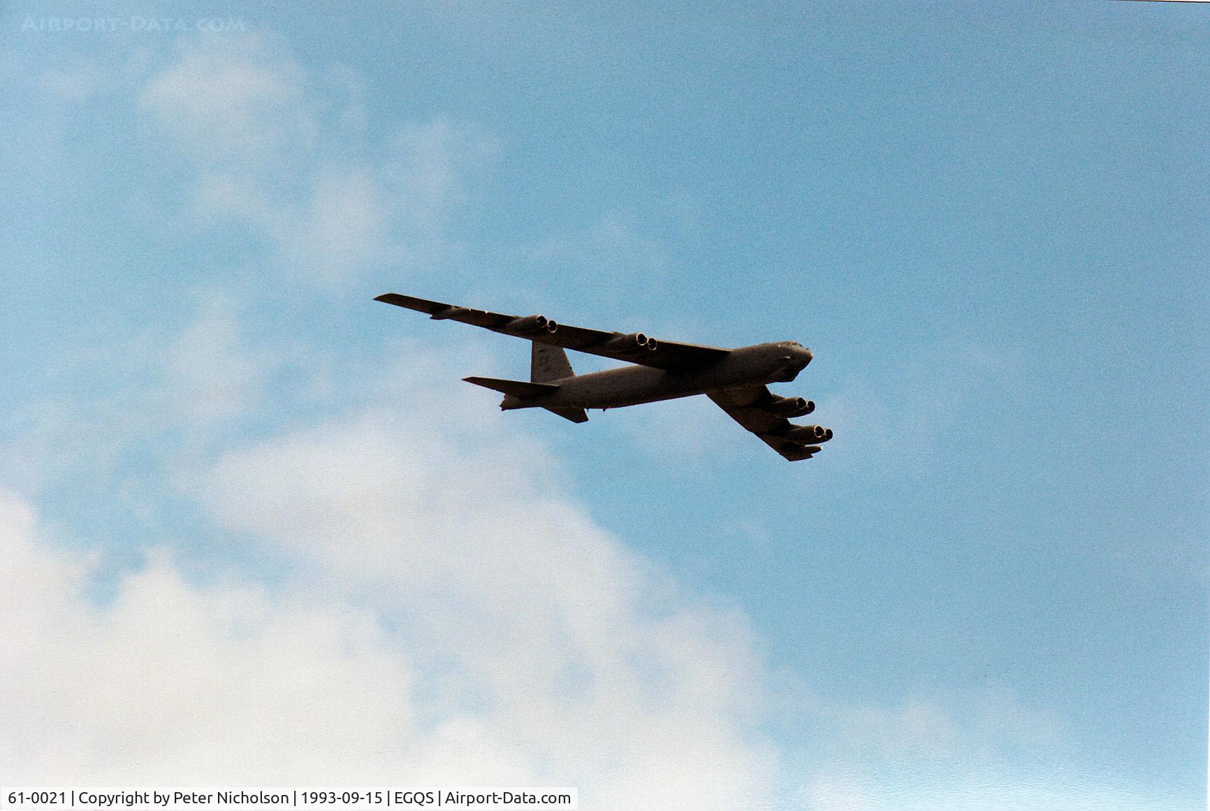 61-0021, 1961 Boeing B-52H Stratofortress C/N 464448, B-52H Stratofortress, callsign Slam 11, of Griffiss AFB's 416th Bomb Wing flying over RAF Lossiemouth in September 1993 on an Exercise Solid Stance mission.