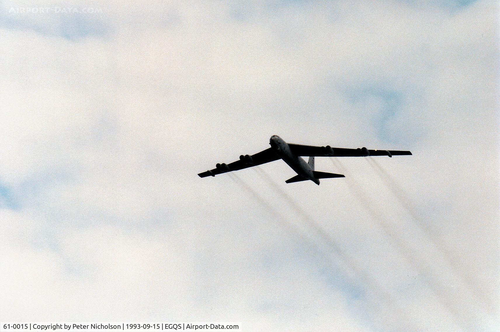 61-0015, 1961 Boeing B-52H Stratofortress C/N 464442, B-52H Stratofortress, callsign Slam 12, of the 416th Bomb Wing at Griffiss AFB over-flying RAF Lossiemouth on an Exercise Solid Stance mission in September 1993.