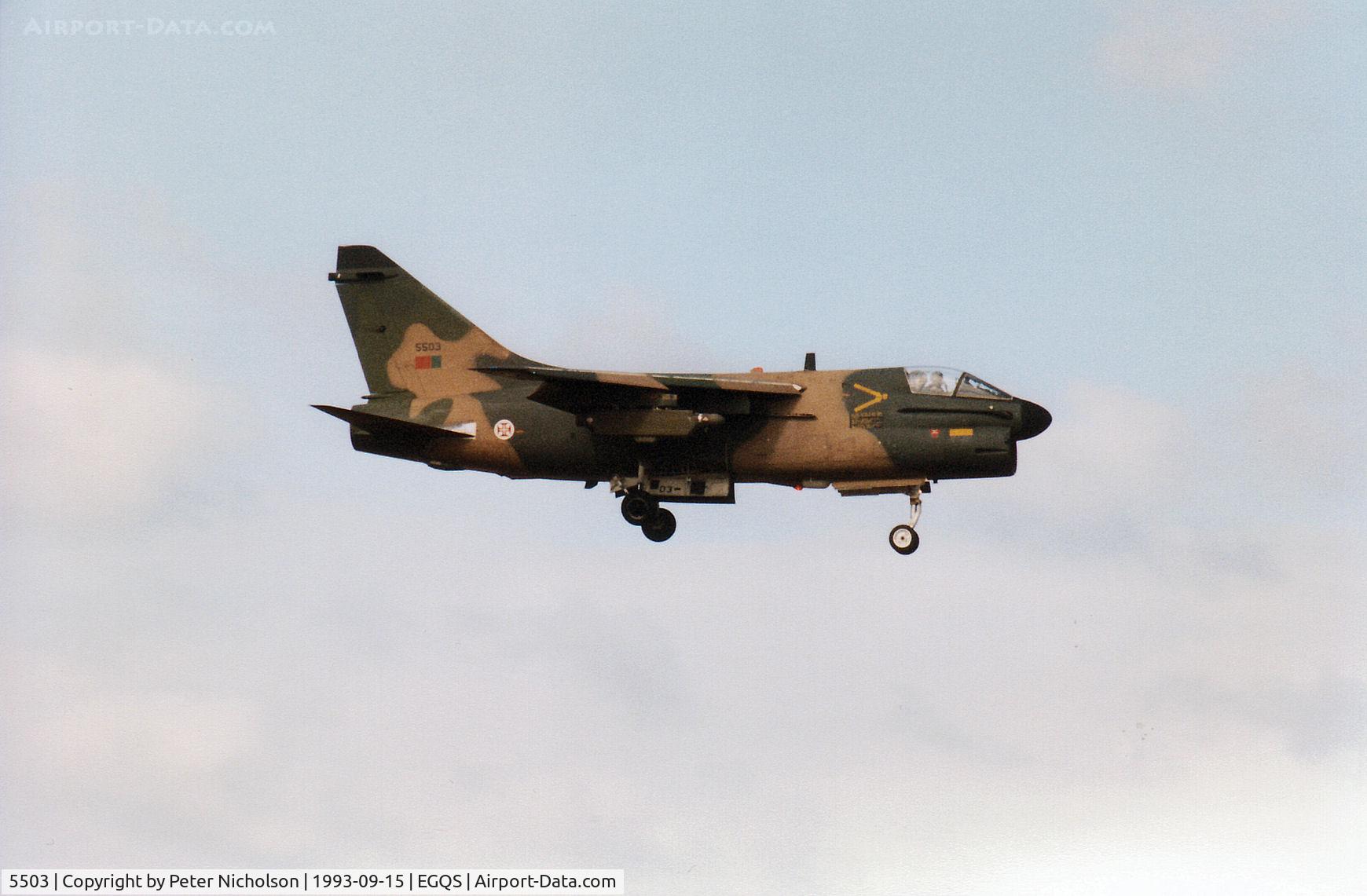 5503, LTV A-7P Corsair II C/N A-182/P-003, Portuguese Air Force A-7P Corsair II of 304 Esquadron on final approach to Runway 05 at RAF Lossiemouth in September 1993.