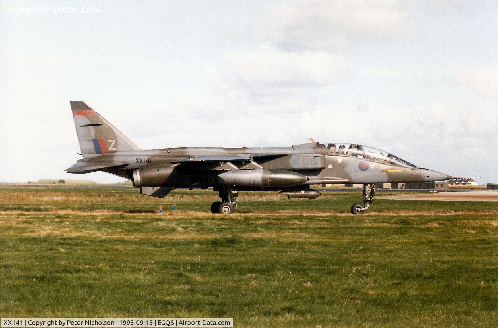 XX141, 1974 Sepecat Jaguar T.2A C/N B.6, Jaguar T.2A of 16 [Reserve] Squadron taxying to Runway 05 at RAF Lossiemouth in September 1993.