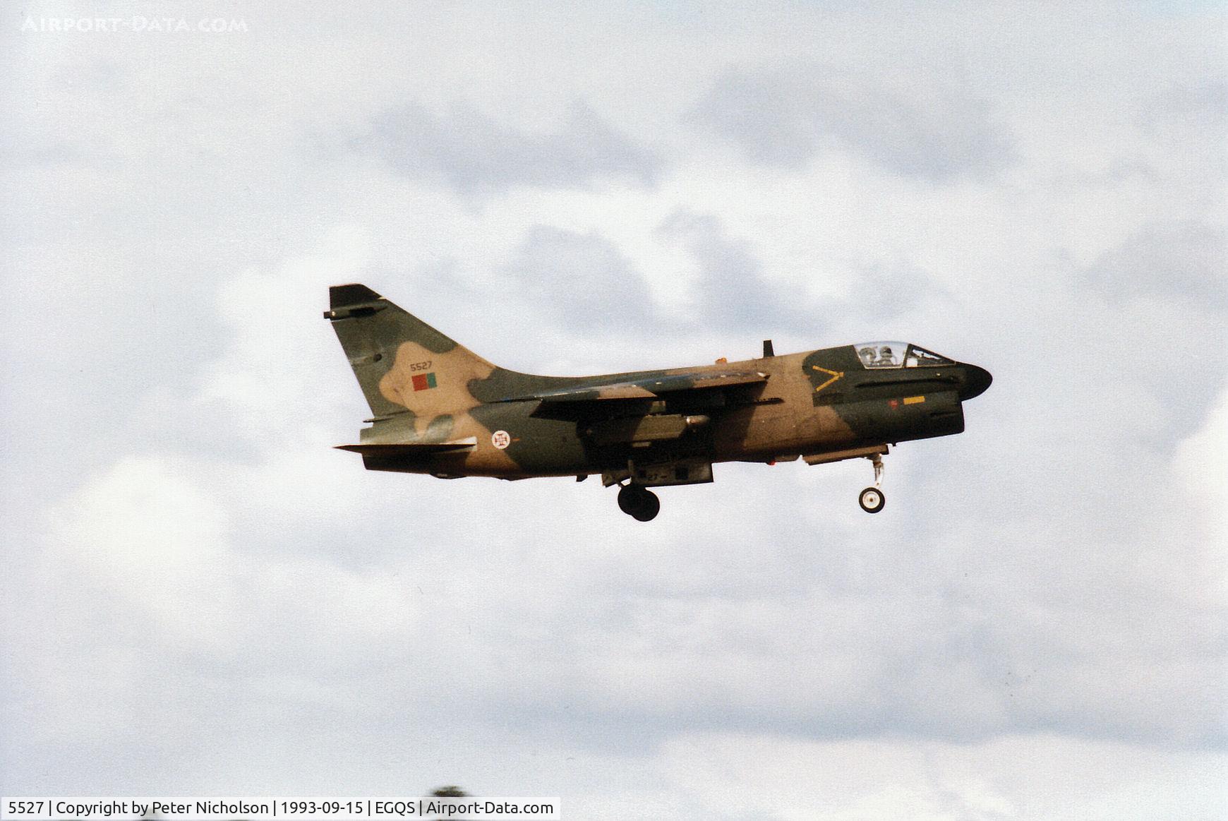 5527, LTV A-7P Corsair II C/N A-088, Portuguese Air Force A-7P Corsair II, callsign AFP 2398C, of 304 Esquadron on final approach to Runway 23 at RAF Lossiemouth in September 1993.