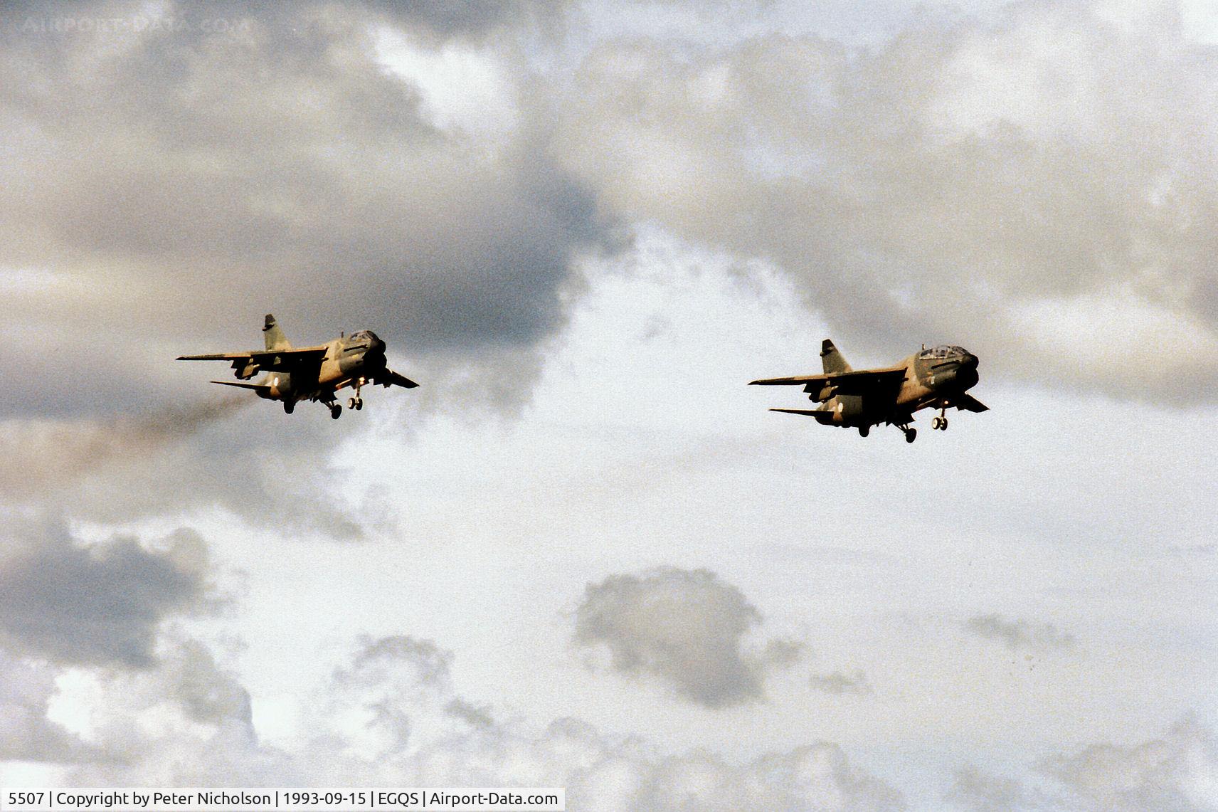 5507, LTV A-7P Corsair II C/N A-103/P-007, Portuguese A-7P Corsair II of 304 Esquadron with TA-7P Corsair II 5548 on paired approach to Runway 23 at RAF Lossiemouth in September 1993.