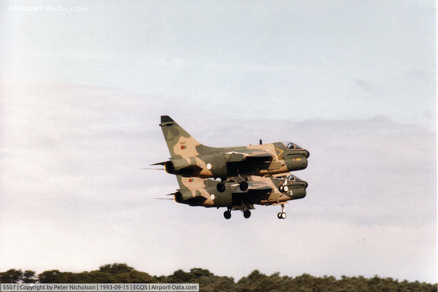 5507, LTV A-7P Corsair II C/N A-103/P-007, Portuguese A-7P Corsair II of 304 Esquadron with TA-7P Corsair II 5548 on paired approach to Runway 23 at RAF Lossiemouth in September 1993.