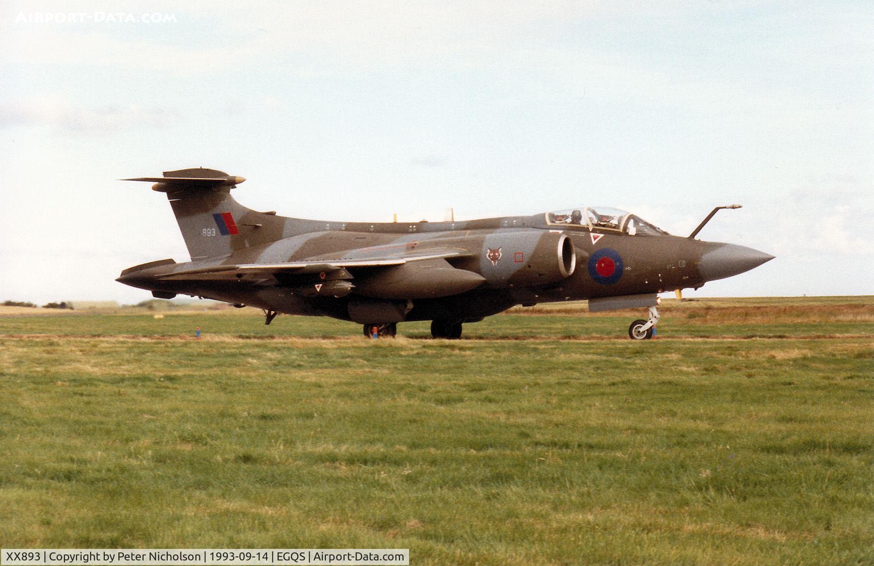 XX893, 1975 Hawker Siddeley Buccaneer S.2B C/N B3-02-74, Buccaneer S.2B of 12 Squadron taxying to Runway 05 at RAF Lossiemouth in September 1993.