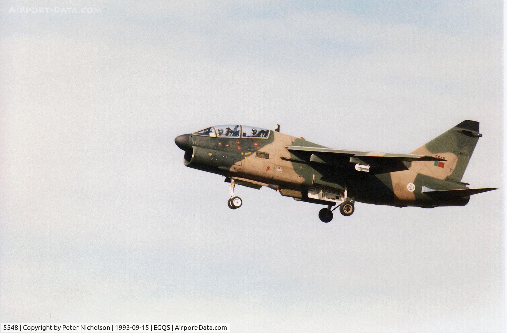 5548, LTV TA-7P Corsair II C/N A-158, Portuguese Air Force TA-7P Corsair II on final approach to Runway 23 at RAF Lossiemouth in September 1993.