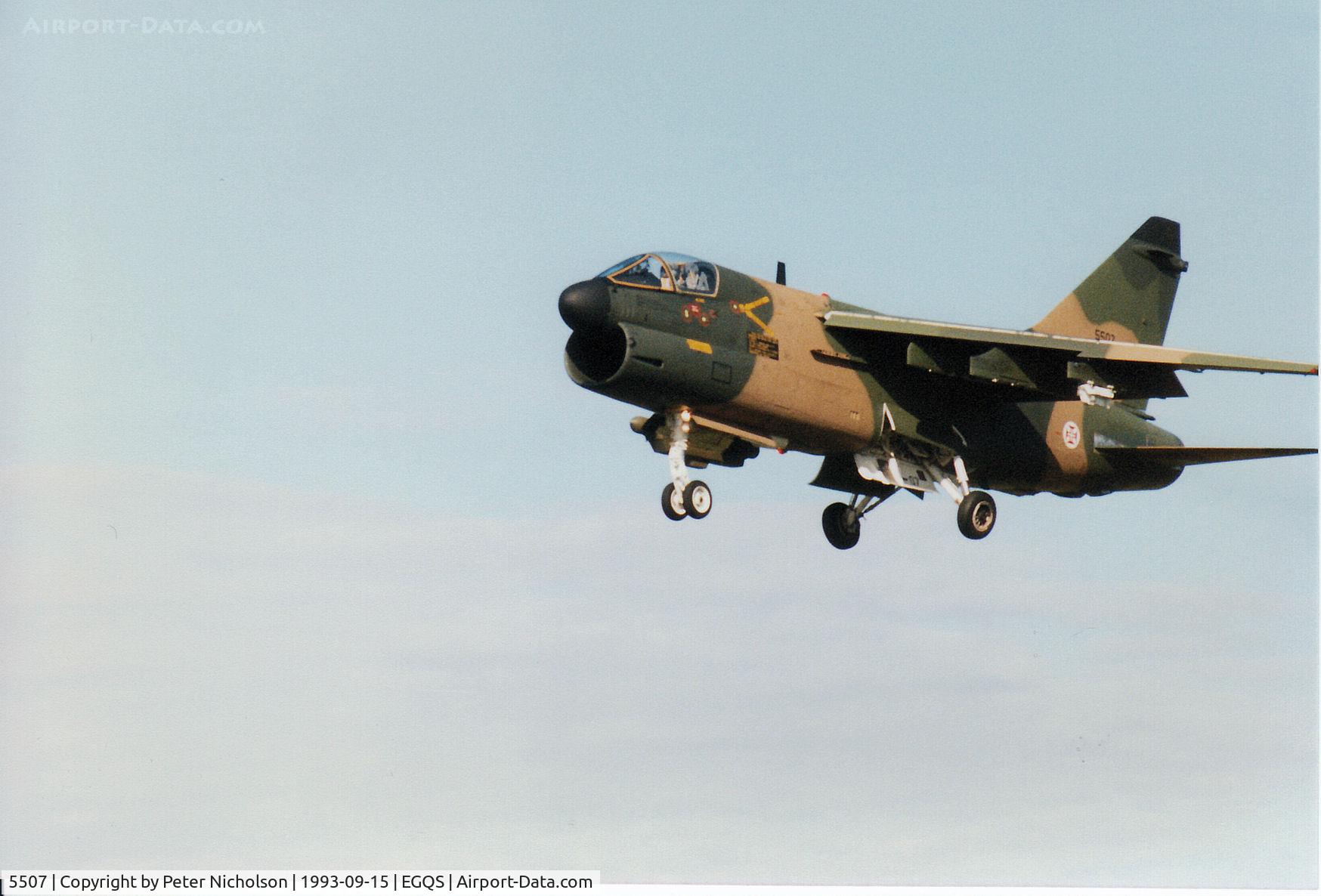 5507, LTV A-7P Corsair II C/N A-103/P-007, Portuguese Air Force A-7P Corsair II of 304 Esquadron on final approach to Runway 23 at RAF Lossiemouth in September 1993.