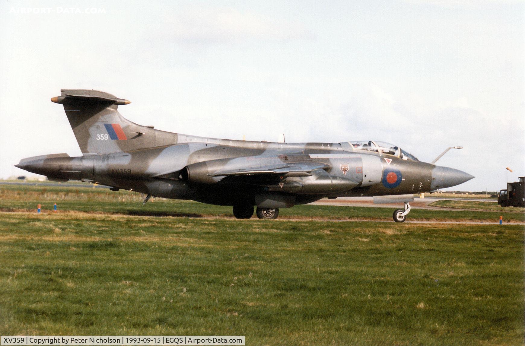 XV359, 1968 Hawker Siddeley Buccaneer S.2B C/N B3-09-67, Buccaneer S.2B of 12 Squadron taxying to Runway 05 at RAF Lossiemouth in September 1993.
