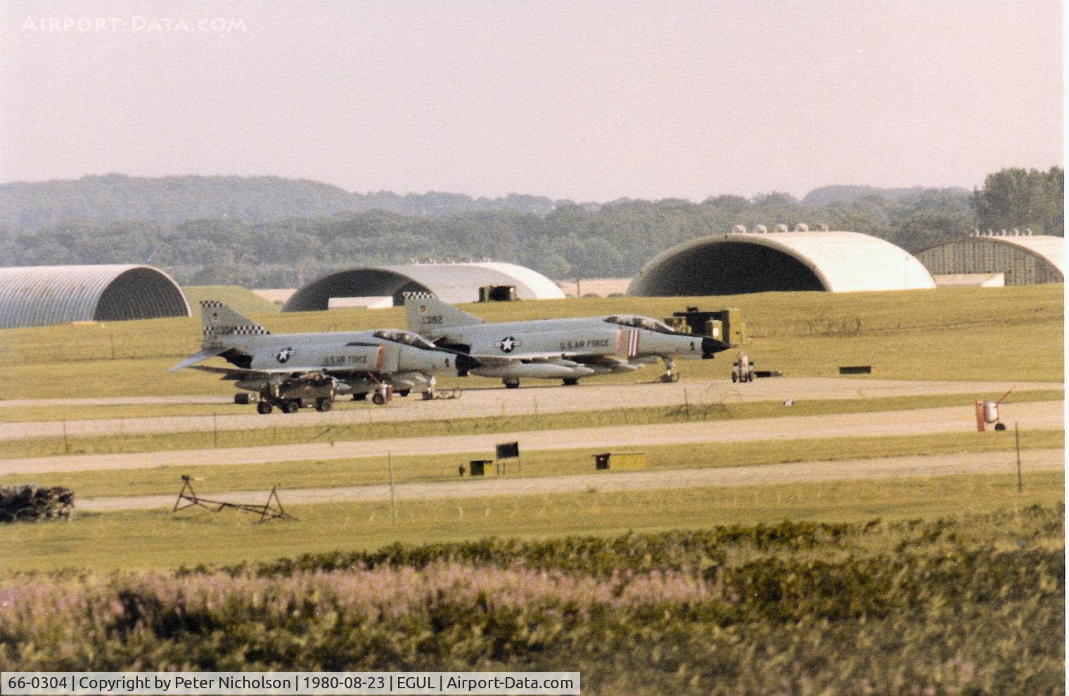 66-0304, 1966 McDonnell F-4E Phantom II C/N 2484, F-4E Phantom II of 57th Fighter Interceptor Squadron based at Reyjkavik in Iceland as seen with companion 66-0382 at RAF Lakenheath in August 1980.