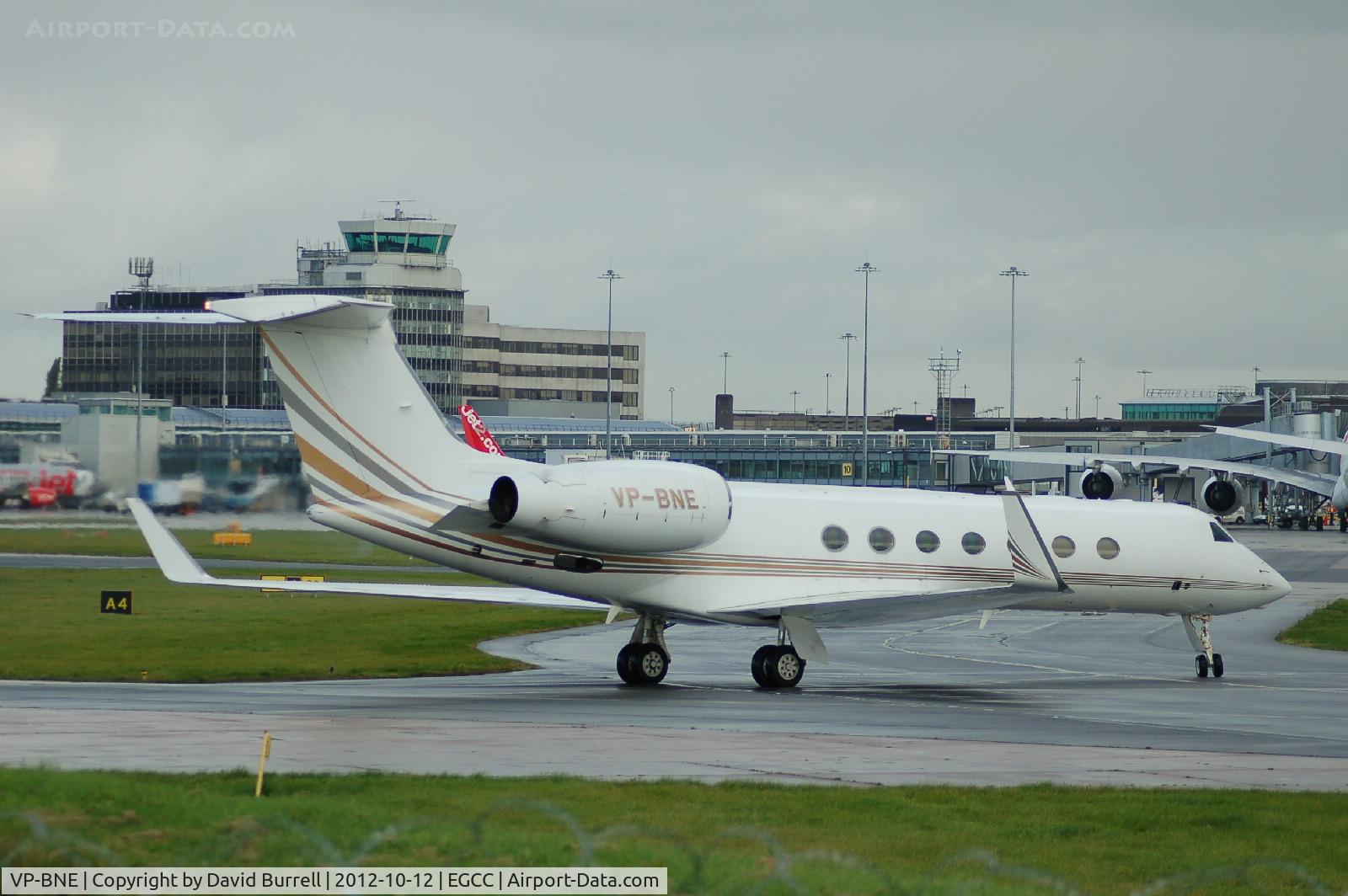 VP-BNE, 2005 Gulfstream Aerospace GV-SP (G550) C/N 5051, Jet Aviation Business Jets Gulfstream G550 taxiing at Manchester Airport.