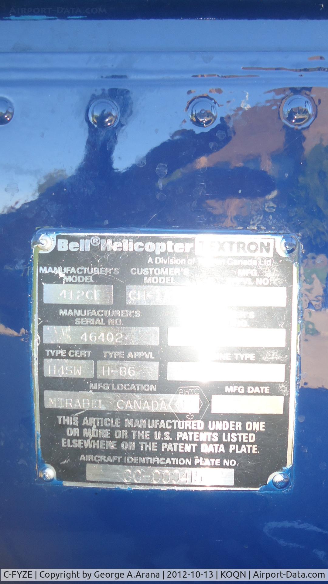 C-FYZE, 1996 Bell 412CF (CH-146) C/N 46402, Manufacturer data plate