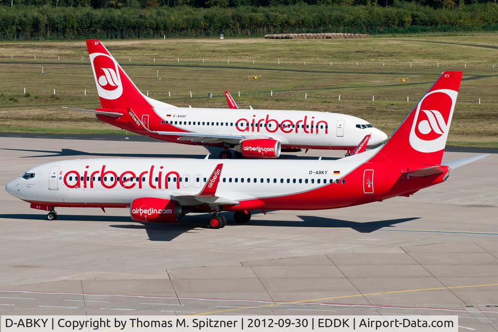 D-ABKY, 2011 Boeing 737-86J C/N 36886, Air Berlin D-ABKY with 'operated by TUIfly' sticker meets TUIfly D-AHXF wetleased to Air Berlin at CGN