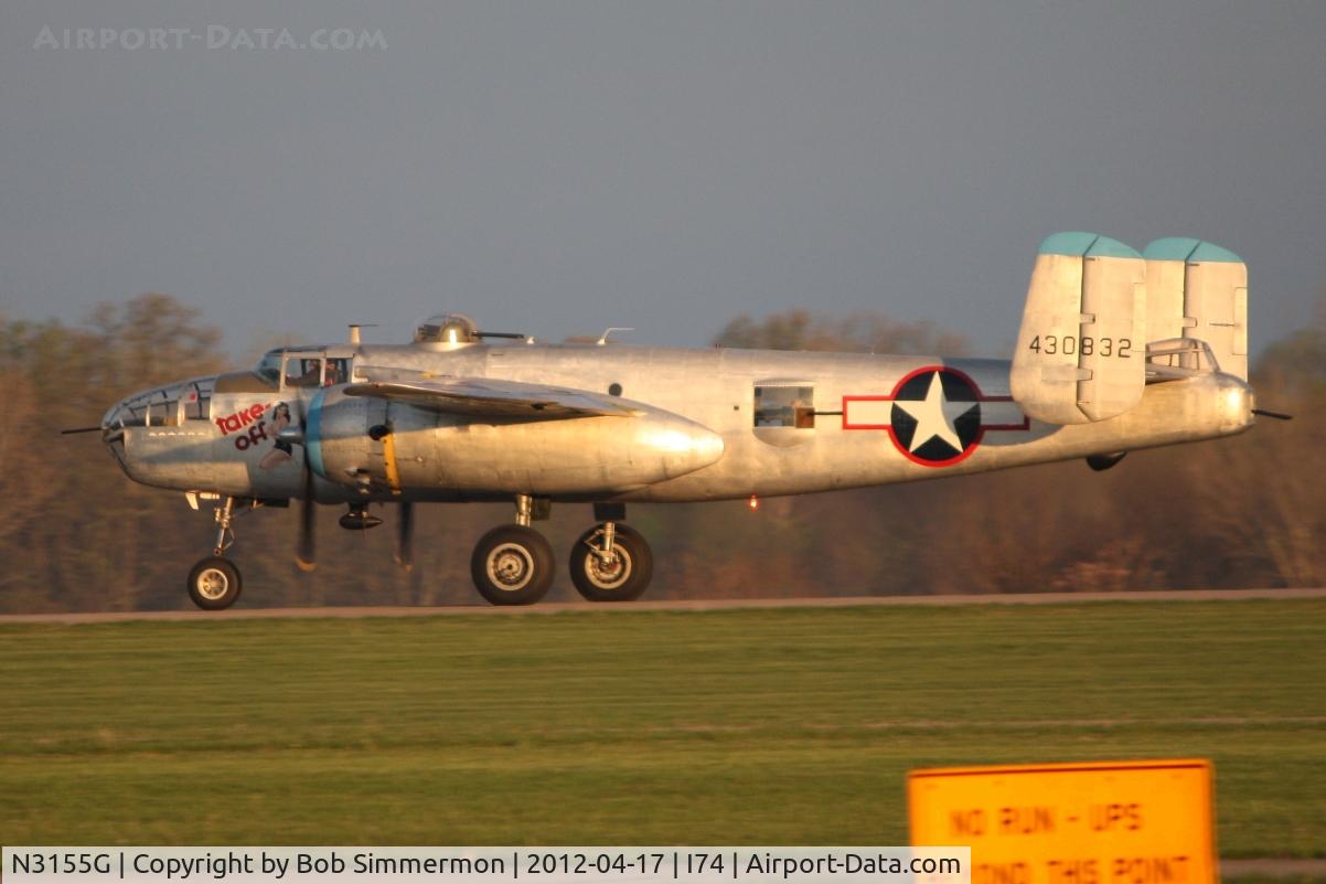 N3155G, North American TB-25N Mitchell C/N 108-34107, Departing Urbana for the Dayton B-25 Gathering and Doolittle Reunion.