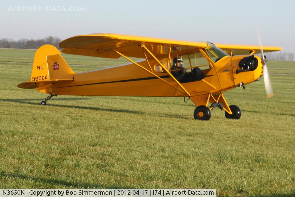 N3650K, 1946 Piper J3C-65 Cub C/N 22344, Arriving at Urbana, Ohio.