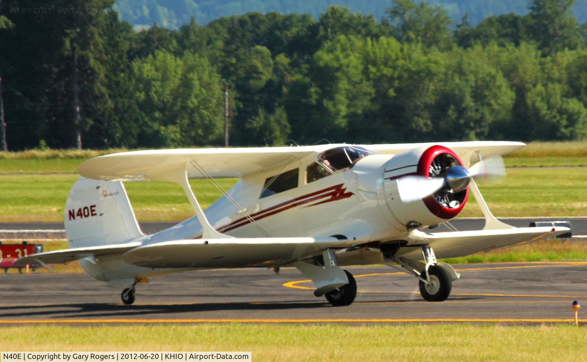 N40E, 1944 Beech D17S Staggerwing C/N 6685, 1944 BEECH D17S. Beech Staggerwing.  PW R-985 SERIES Horsepower: 450 (Reciprocating).   About to depart RWY 31 Hillsboro, Oregon.