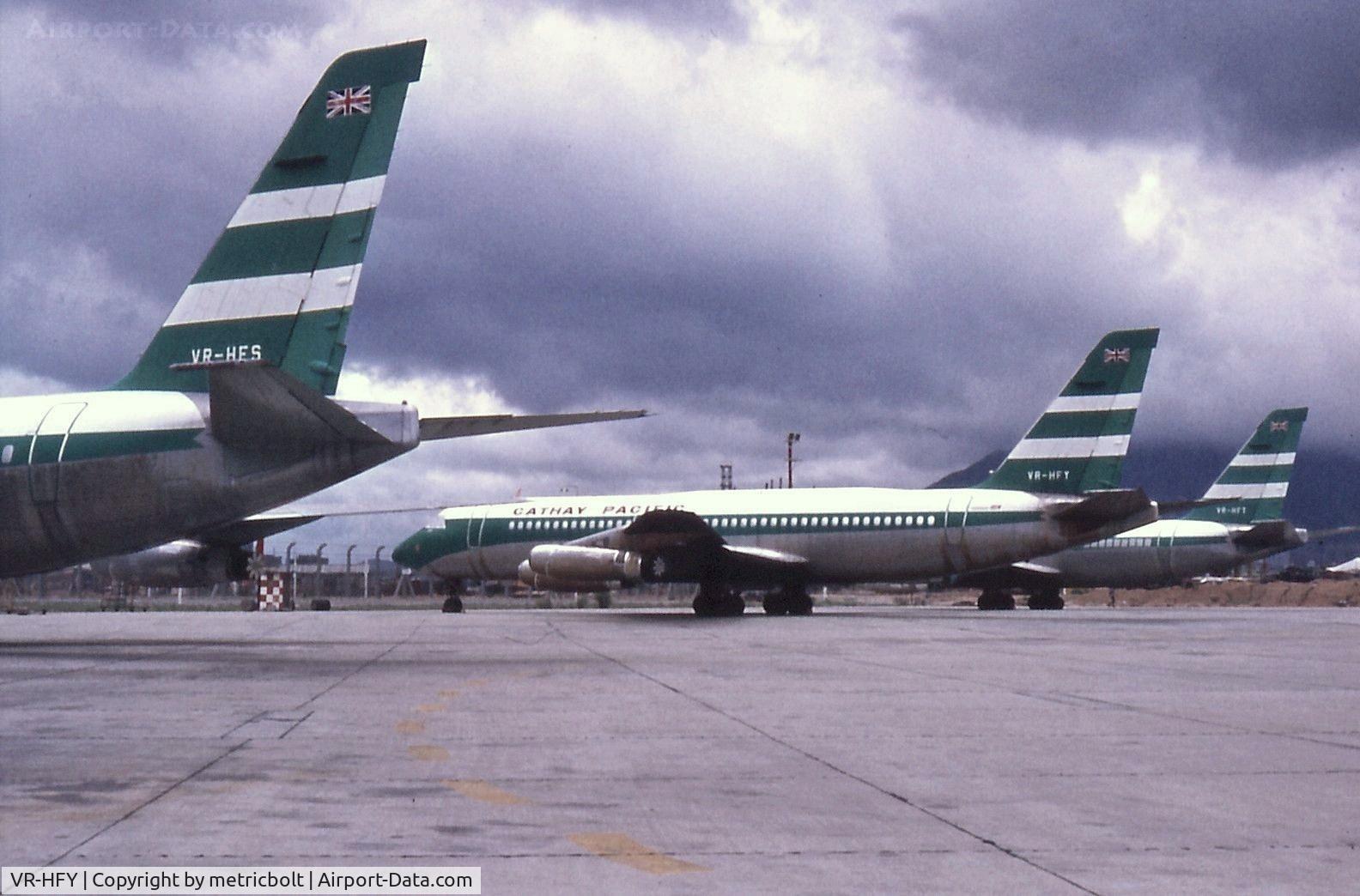 VR-HFY, 1961 Convair 880-22M-21 C/N 22-00-54, HKG Kai Tak Airport,1970s.Convair fleet retired.