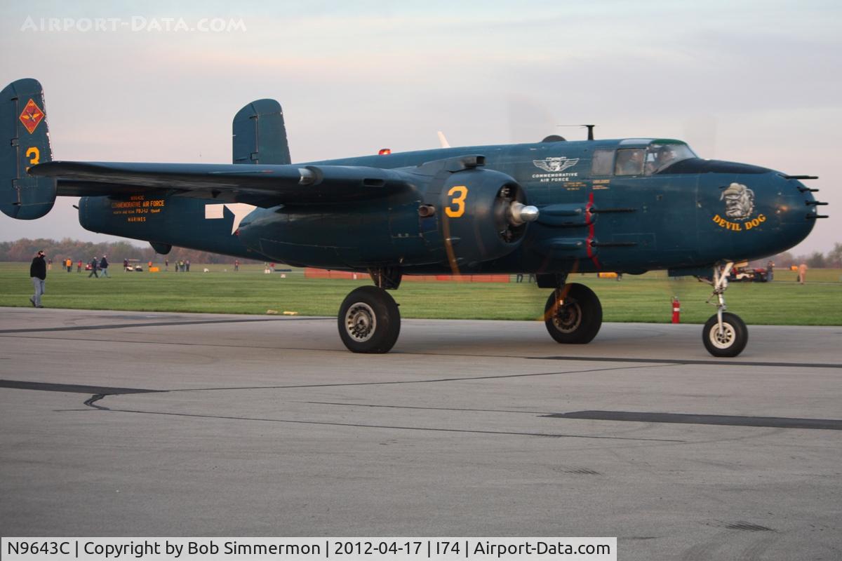 N9643C, 1944 North American B-25J Mitchell Mitchell C/N 108-47512, Departing Urbana, Ohio during the B-25 Gathering and Doolittle Reunion.
