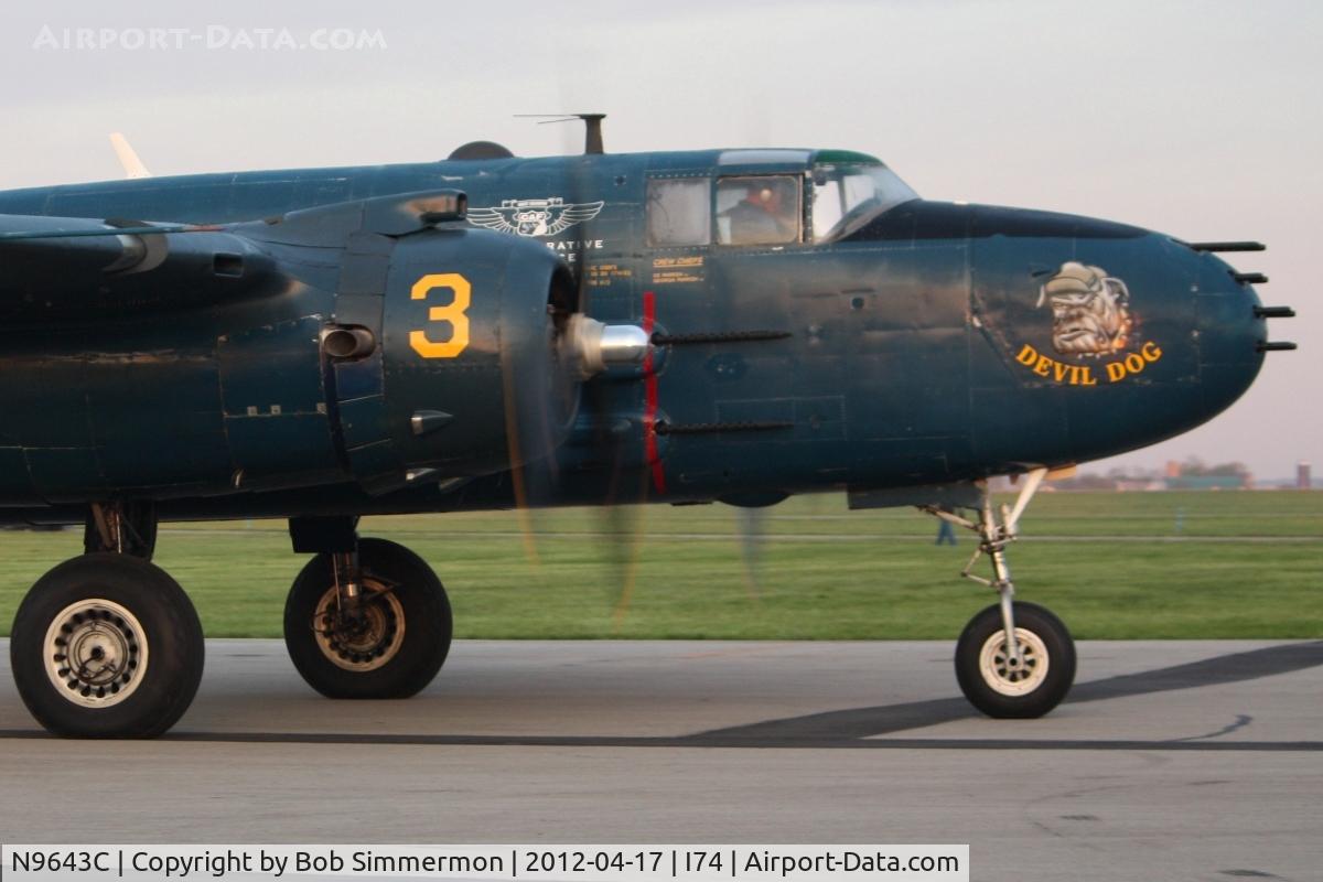 N9643C, 1944 North American B-25J Mitchell Mitchell C/N 108-47512, Departing Urbana, Ohio during the B-25 Gathering and Doolittle Reunion.