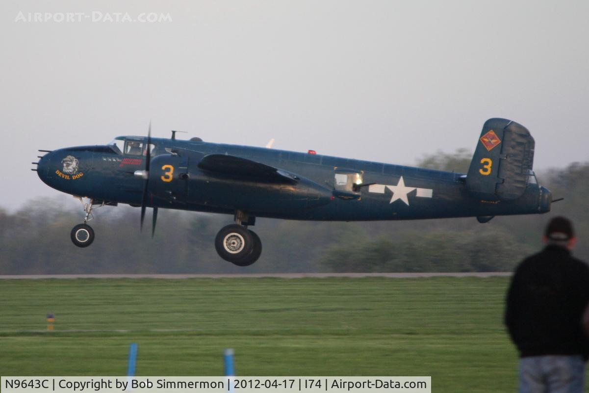 N9643C, 1944 North American B-25J Mitchell Mitchell C/N 108-47512, Departing Urbana, Ohio during the B-25 Gathering and Doolittle Reunion.