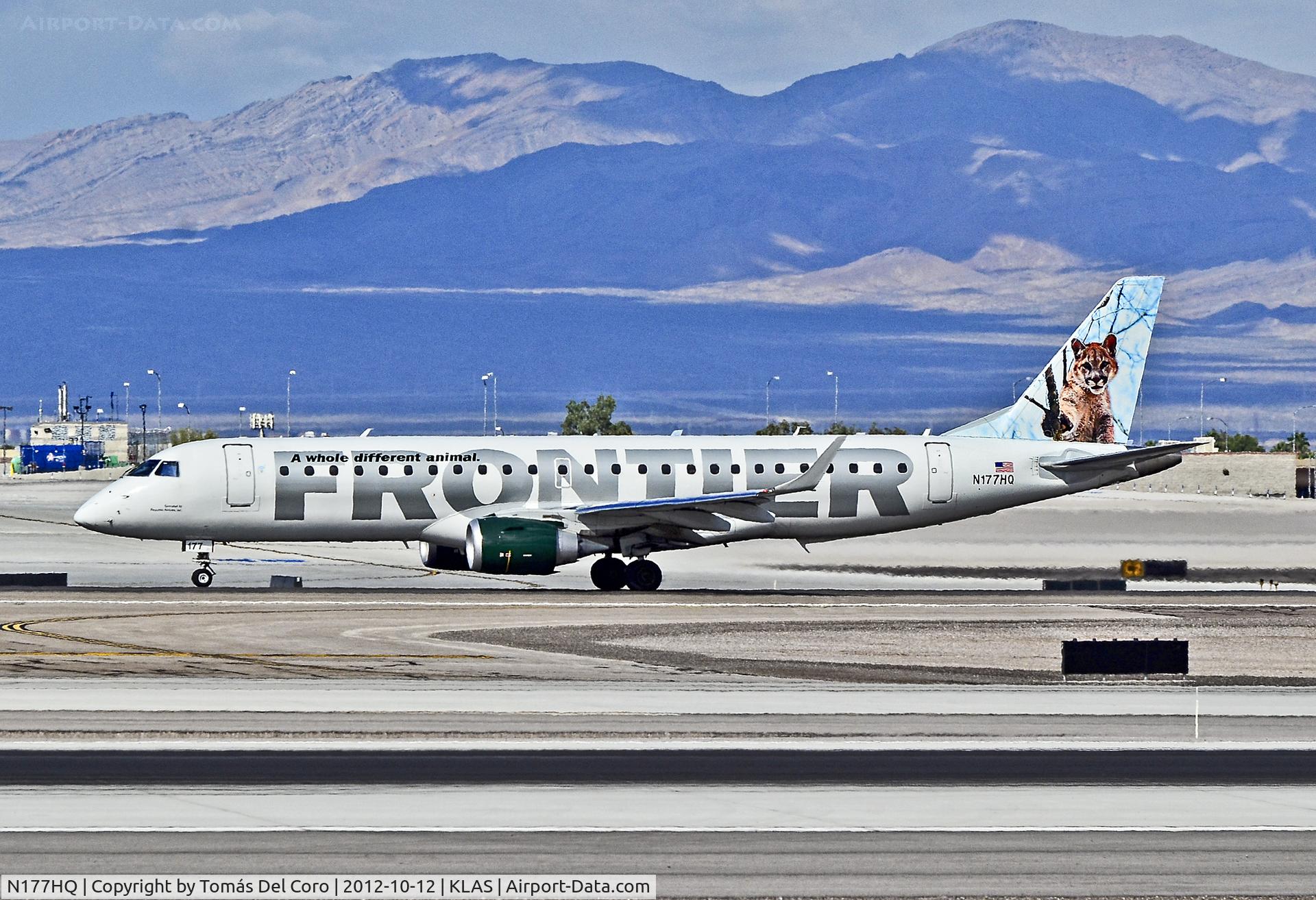 N177HQ, 2011 Embraer 190AR (ERJ-190-100IGW) C/N 19000481, N177HQ Frontier Airlines (Republic Airline) Embraer ERJ 190-100 IGW C/N 19000481

- Las Vegas - McCarran International (LAS / KLAS)
USA - Nevada, October 12, 2012
Photo: Tomás Del Coro