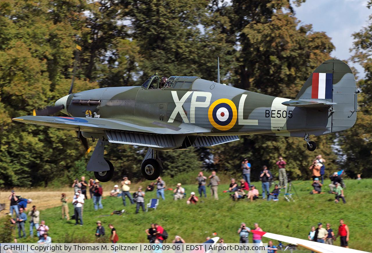 G-HHII, 1940 Hawker (CCF) Hurricane Mk2B C/N CCF/R20023, G-HHII ( BE505 ) short finals Rwy 13/31. Hahnweide Oldtimer Meeting 2009
