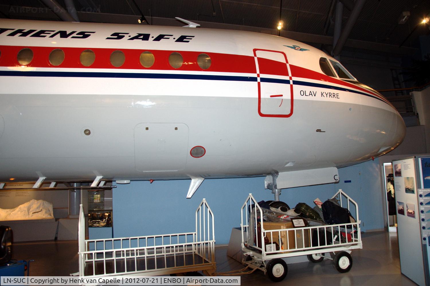 LN-SUC, 1969 Fokker F.28-1000 Fellowship C/N 11009, This Fokker F.28 is preserved in its original delivery colourscheme of Braathens SAFE in the Norsk Luftfartsmuseum at Bodø Airport, Norway.