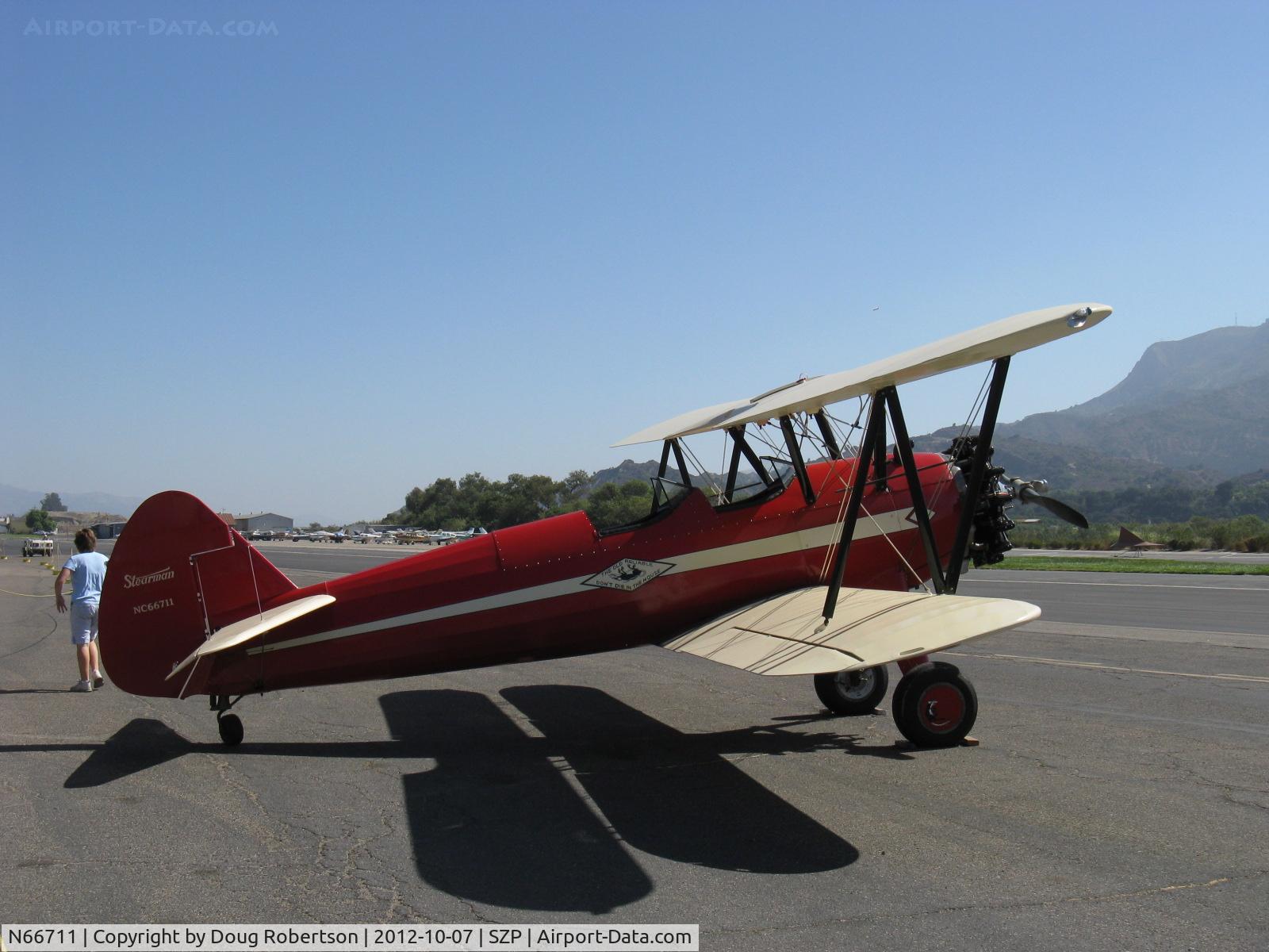 N66711, 1941 Boeing IB75A C/N 75-1675, 1941 Boeing Stearman IB75A, Jacobs R755B2 275 Hp upgrade, restored, recovered & refinished by Rowena's Flying Fabric Company at SZP. Restricted, Experimental class