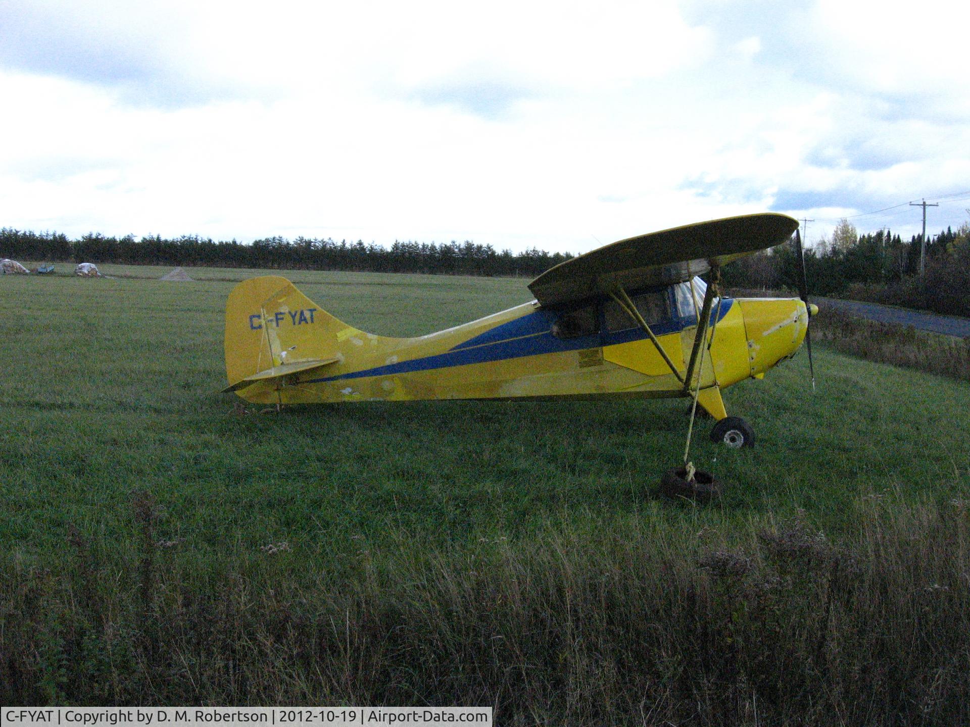 C-FYAT, 1947 Aeronca 11BC Chief C/N 11BC 70, This aircraft sits in a farm field close to the Quebec village of Lac Labrecque, in the Lac St. Jean region (Alma, Quebec is the nearest airport). I came across this lovely wee bird while driving past the nearby 'blueberry fields' -- it's For Sale.
