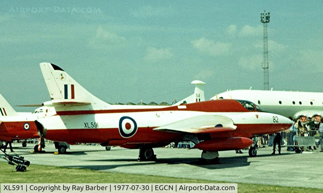 XL591, 1958 Hawker Hunter T.7 C/N 41H-693685, Hawker Hunter T.7 [41H/693685] RAF Finningley~G 30/07/1977. Taken from a slide.
