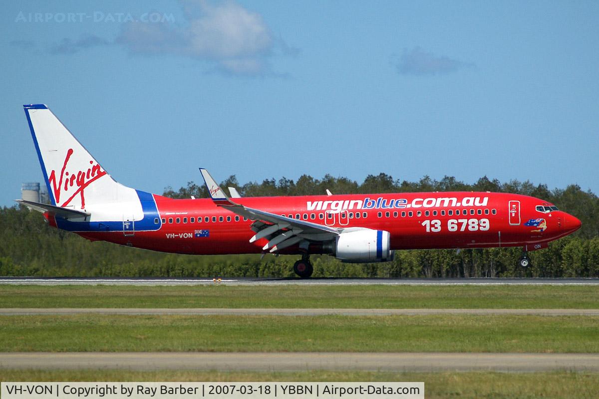 VH-VON, 2003 Boeing 737-8FE C/N 33795, Boeing 737-8FE [33795] (Virgin Blue) Brisbane-International~VH 18/03/2007. About to touch down.