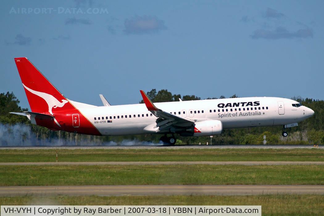 VH-VYH, 2005 Boeing 737-838 C/N 34180, Boeing 737-838 [34180] (QANTAS) Brisbane International~VH 18/03/2007. A heavy landing from the amount of smoke coming from  the tyres.
