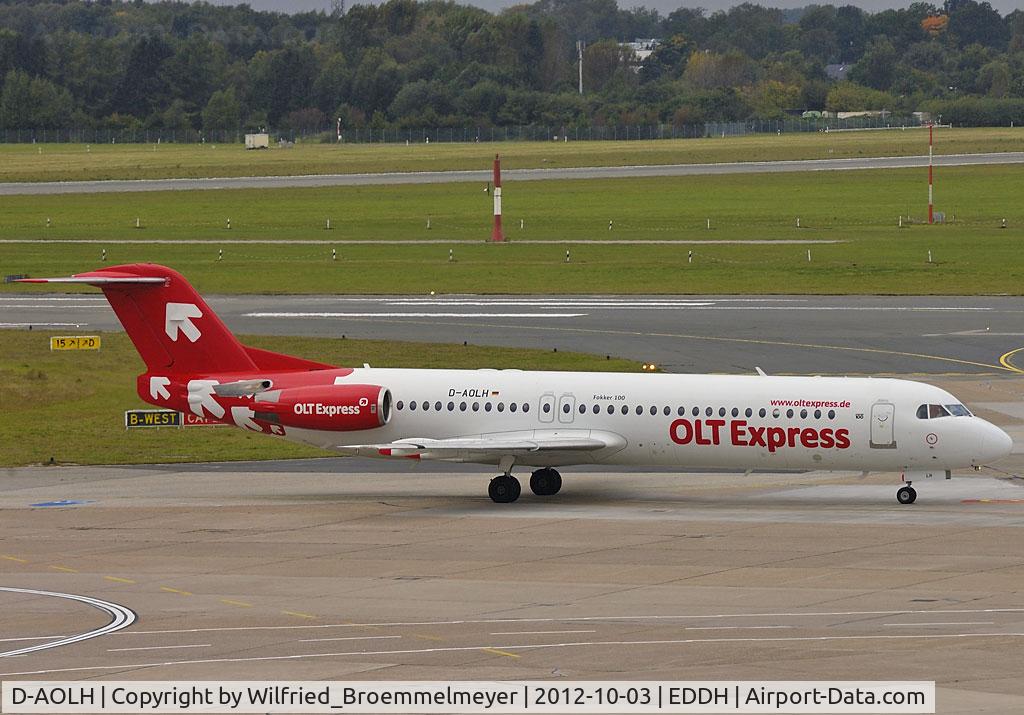 D-AOLH, 1989 Fokker 100 (F-28-0100) C/N 11265, Taxiing to Runway 23 for the return flight to Saarbruecken.