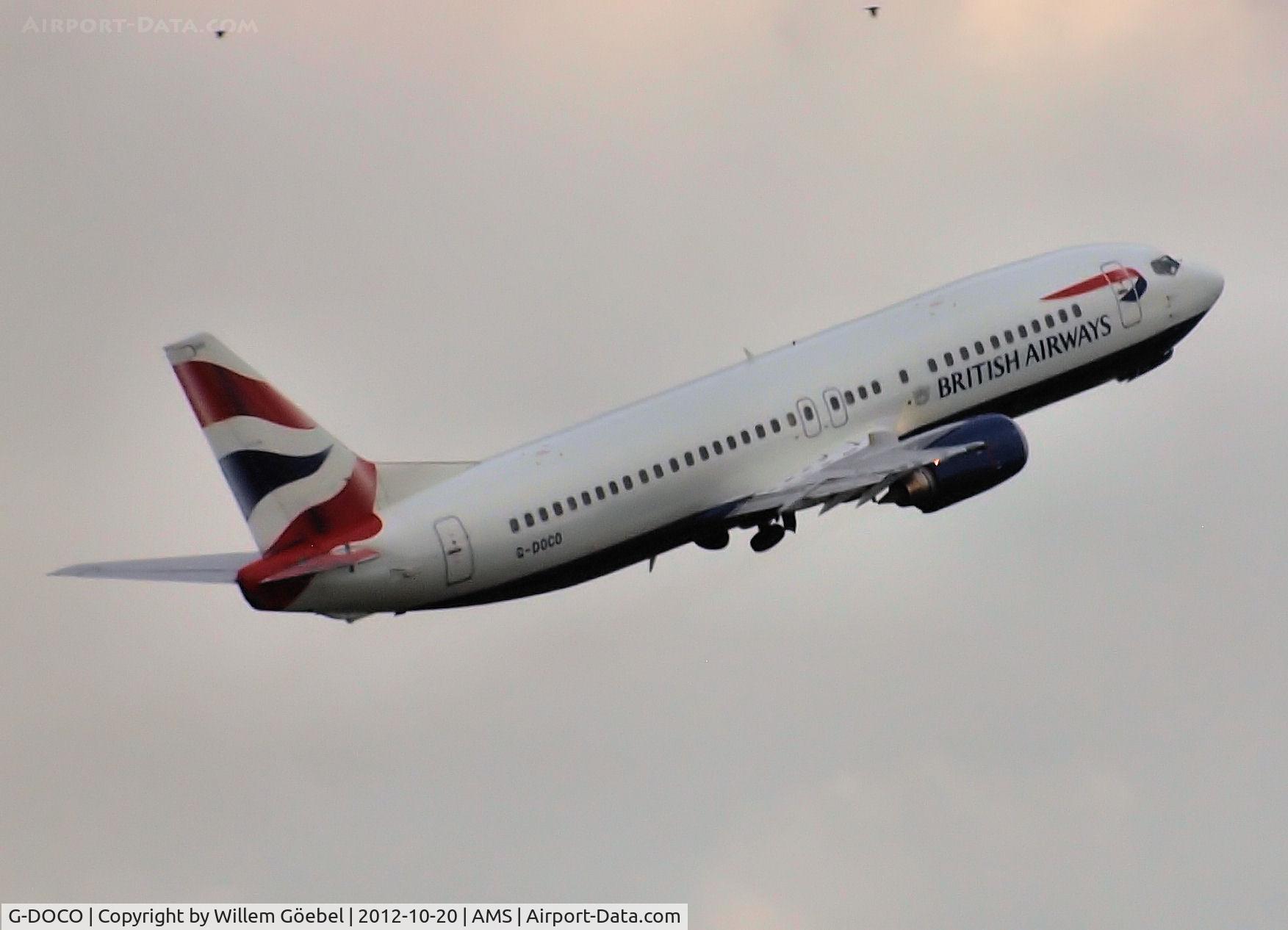 G-DOCO, 1992 Boeing 737-436 C/N 25849, Take off from runway L18 of Schiphol Airport.