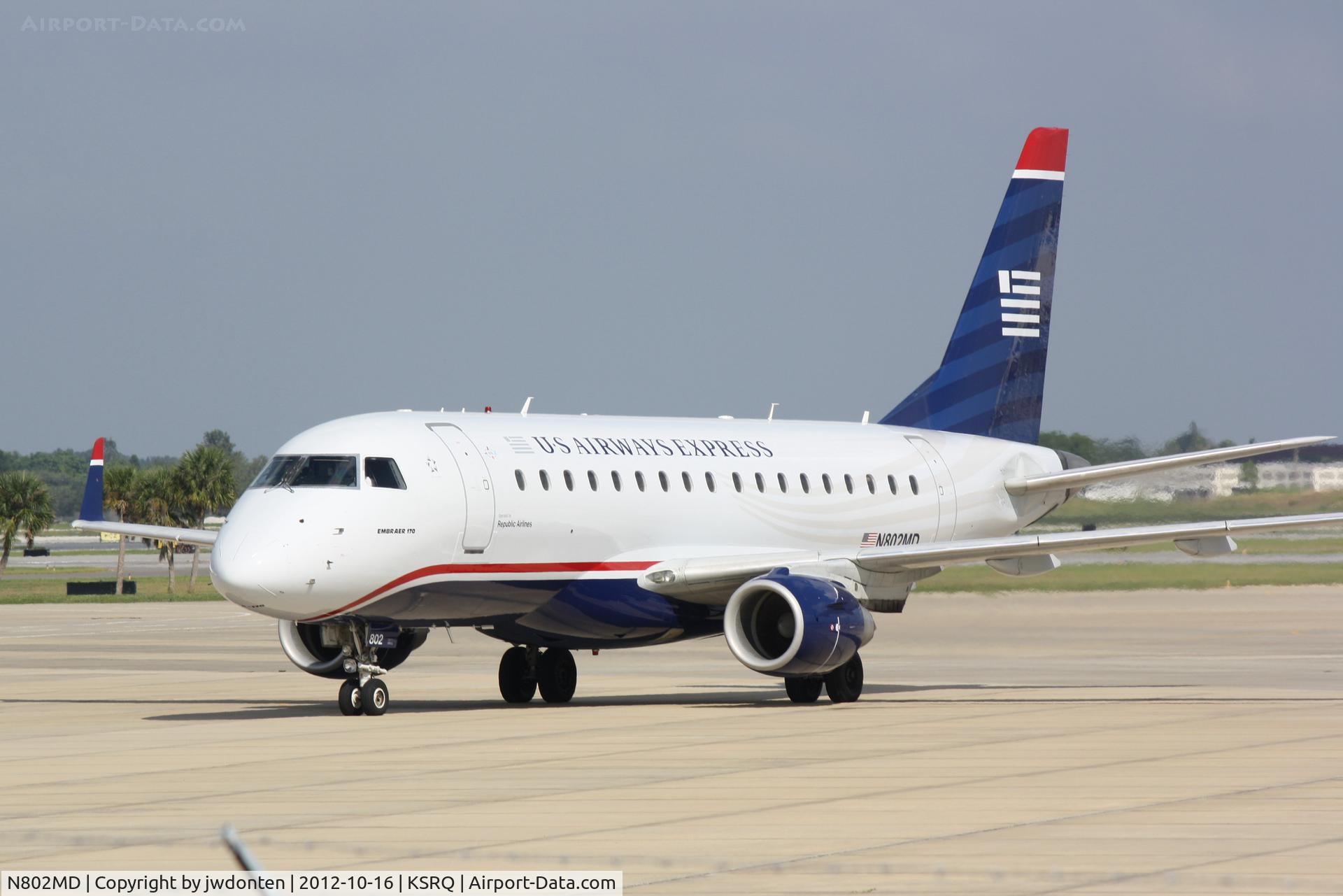 N802MD, 2004 Embraer 170SU (ERJ-170-100SU) C/N 17000013, US Air Flight 3327 operated by Republic (N802MD) arrives at Sarasota-Bradenton International Airport following a flight from Reagan National Airport