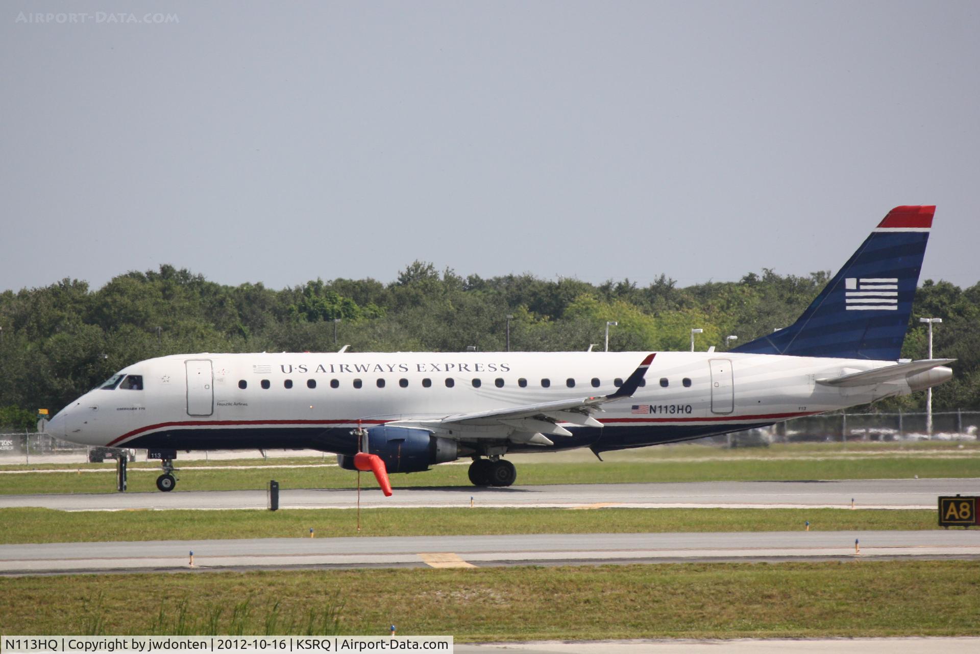 N113HQ, 2007 Embraer 175LR (ERJ-170-200LR) C/N 17000177, US Air Flight 3230 operated by Republic (N113HQ) departs Sarasota-Bradenton International Airport enroute to Charlotte-Douglas International Airport