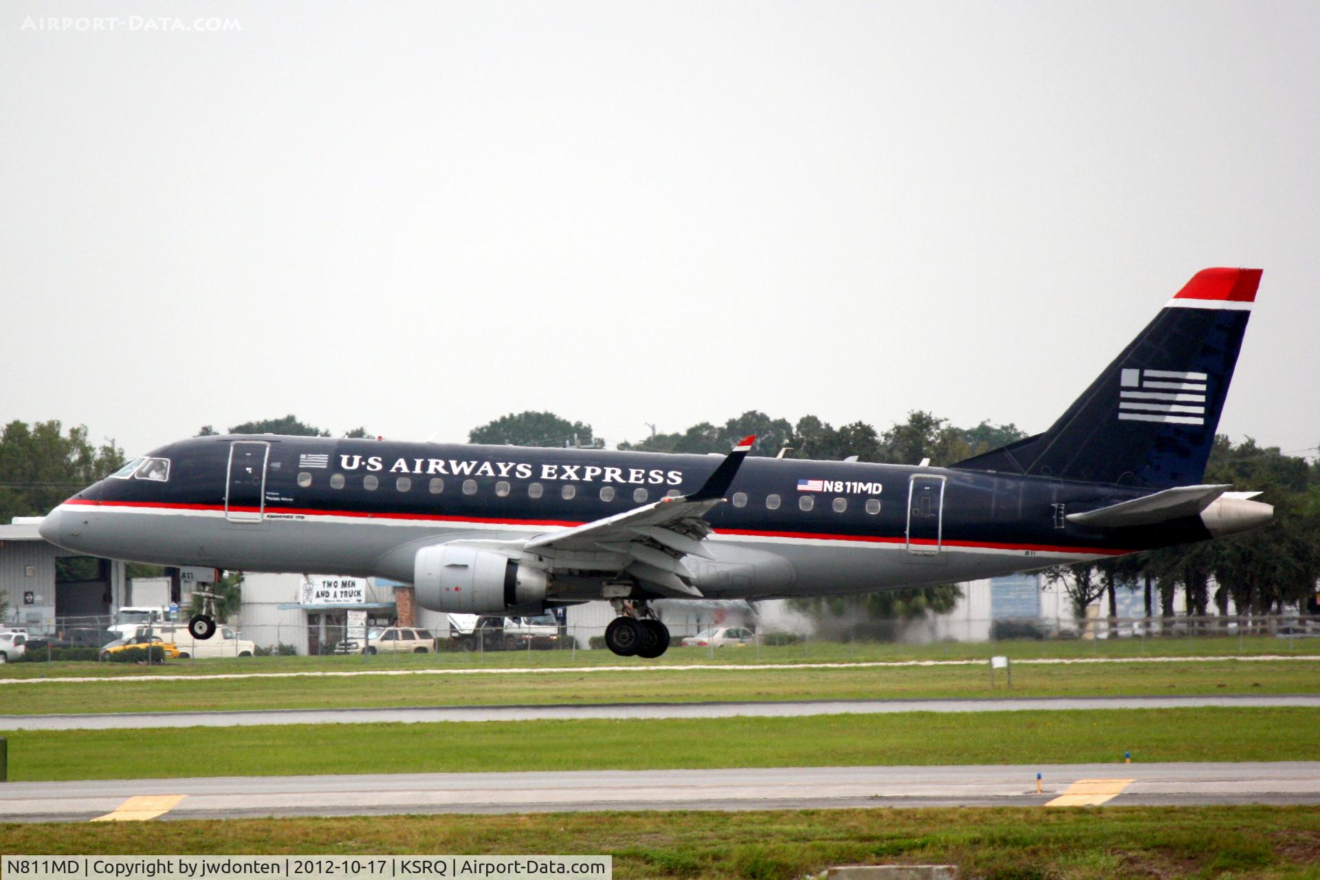 N811MD, 2004 Embraer 170SU (ERJ-170-100SU) C/N 17000028, US Air Flight 3327 operated by Republic (N811MD) arrives at Sarasota-Bradenton International Airport following a flight from Reagan National Airport