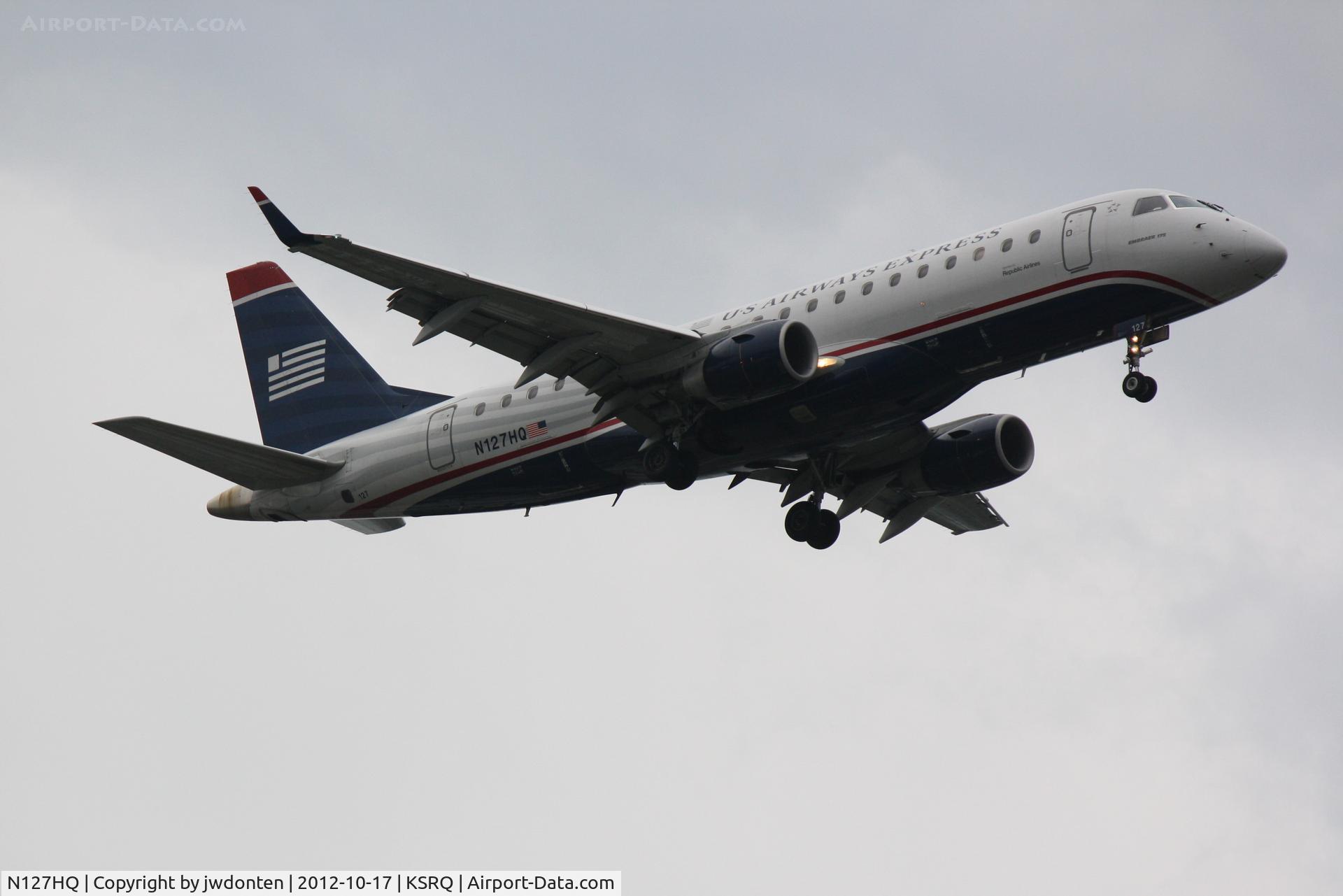 N127HQ, 2008 Embraer 175LR (ERJ-170-200LR) C/N 17000206, US Air Flight 3230 operated by Republic (N127HQ) on approach to Sarasota-Bradenton International Airport following a flight from Charlotte-Douglas International Airport
