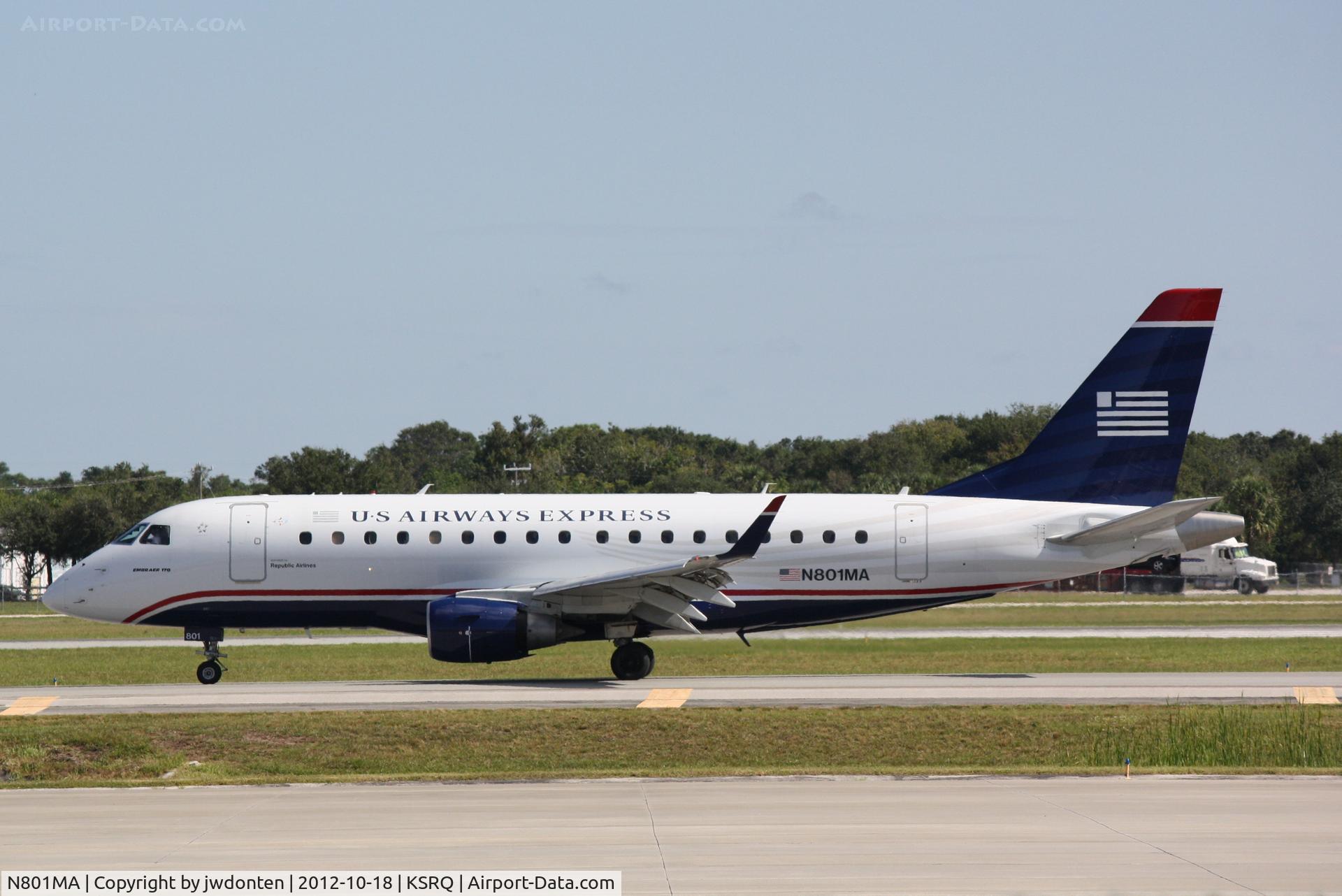 N801MA, 2004 Embraer 170SU (ERJ-170-100SU) C/N 17000012, US Air Flight 3327 operated by Republic (N801MA) arrives at Sarasota-Bradenton International Airport following a flight from Reagan National Airport