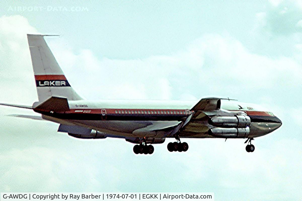 G-AWDG, 1959 Boeing 707-138B C/N 17702, Boeing 707-138B [17702] (Laker Airways) Gatwick~G 01/07/1974. Taken from a slide.