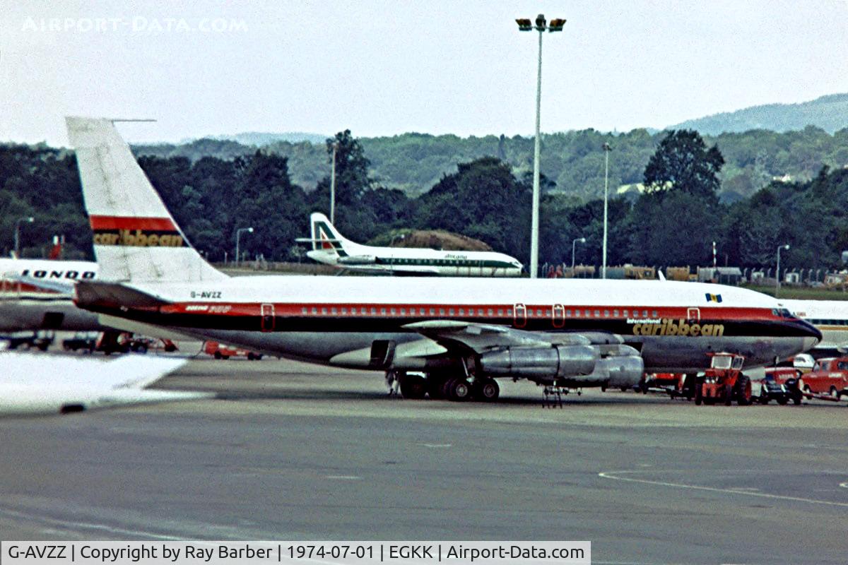 G-AVZZ, 1959 Boeing 707-138B C/N 17699, Boeing 707-138B [17699] (International Caribbean) Gatwick~G 01/07/1974. Taken from a slide.