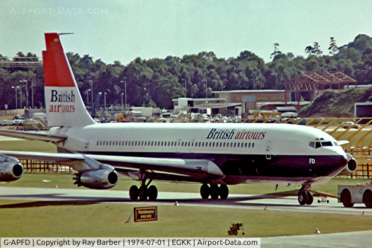 G-APFD, 1960 Boeing 707-436 C/N 17705, Boeing 707-436 [17705] (British Airtours) Gatwick~G 01/07/1974. Taken from a slide.