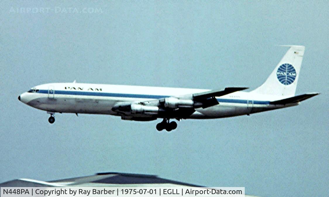 N448PA, 1967 Boeing 707-321C C/N 19270, Boeing 707-321C [19270] (Pan Am) Heathrow~G 01/07/1975. taken from a slide.