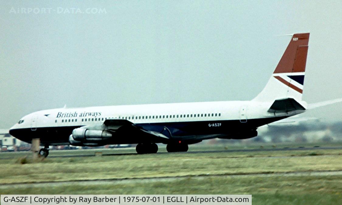 G-ASZF, 1965 Boeing 707-336C C/N 18924, Boeing 707-336C [18924] (British Airways) Heathrow~G 01/07/1975. Taken from a slide.
