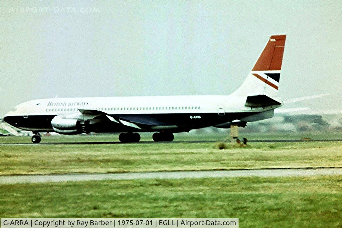 G-ARRA, 1961 Boeing 707-436 C/N 18411, Boeing 707-436 [18411] (British Airways) Heathrow~G 01/07/1975. Taken from a slide.