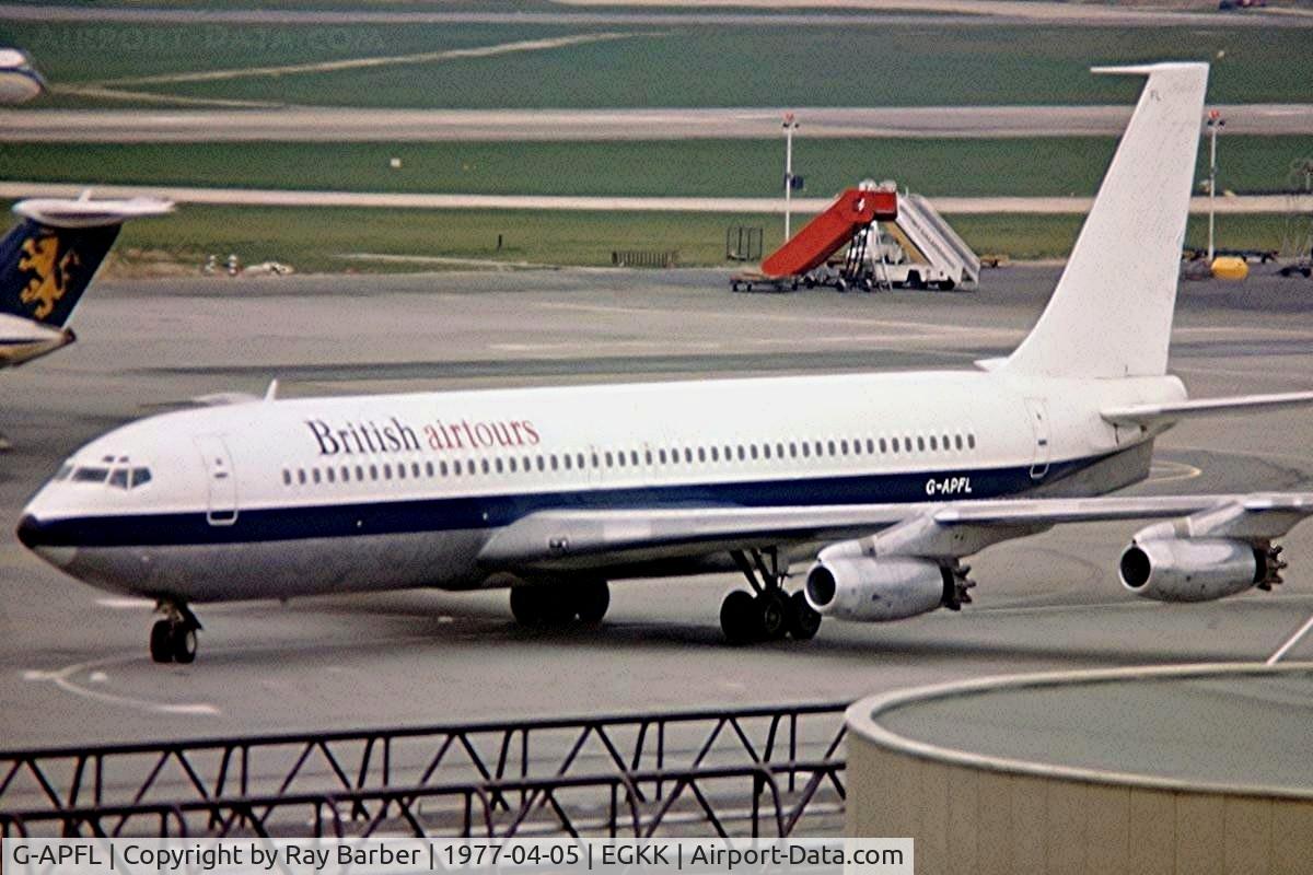 G-APFL, 1960 Boeing 707-436 C/N 17713, Boeing 707-436 [17713] (British Airtours) Gatwick~G 05/04/1977. Taken from a slide.