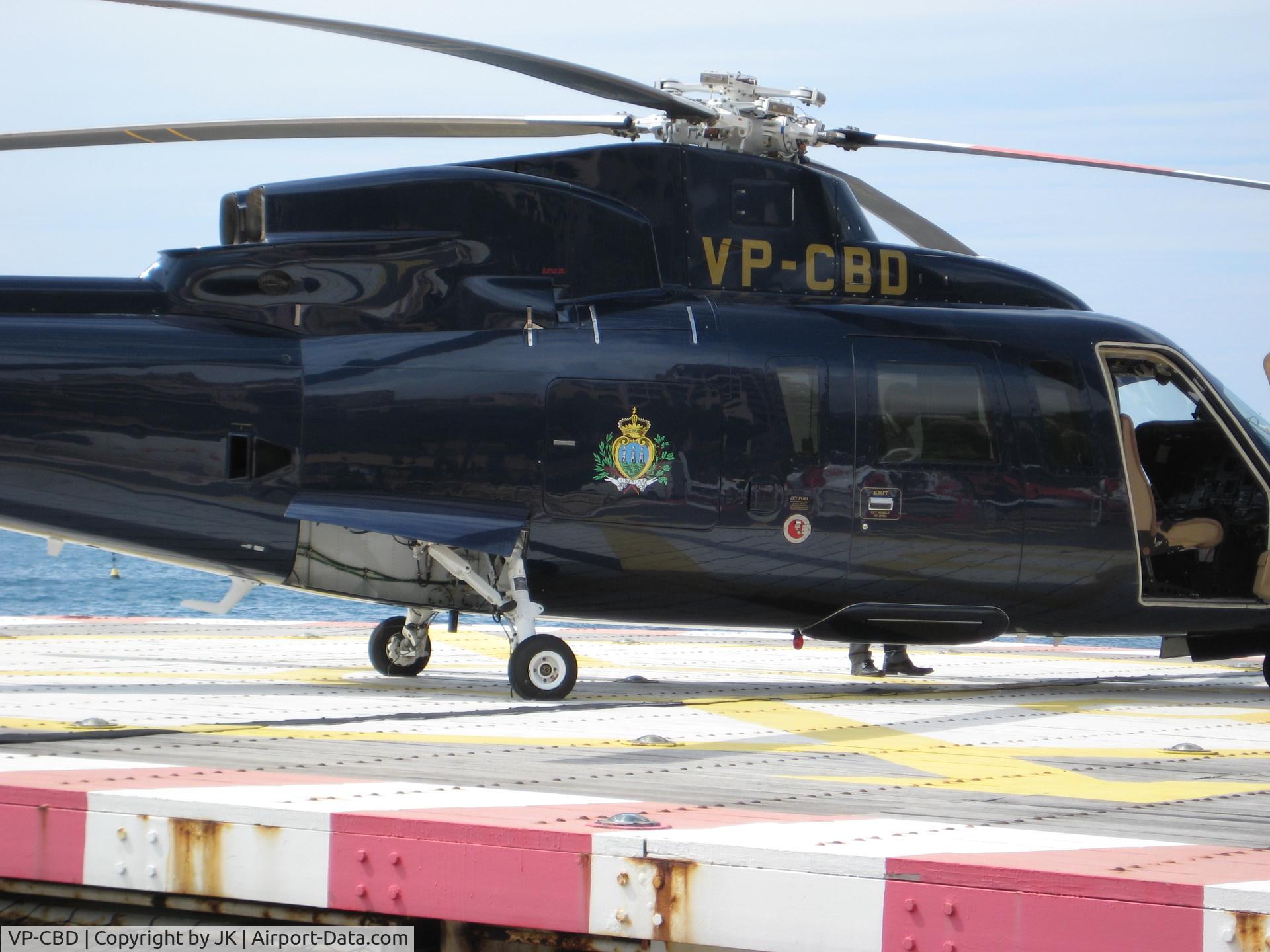 VP-CBD, Sikorsky S-76C C/N 760514, As seen at heliport Monaco. Coat of arms om the aircraft is that of San Marino.