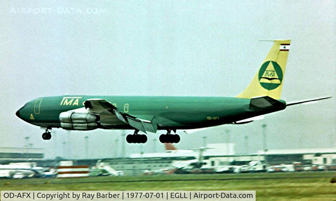 OD-AFX, 1966 Boeing 707-327C C/N 19107, Boeing 707-327C [19107] (TMA) Heathrow~G 01/07/1977. Taken from a slide.