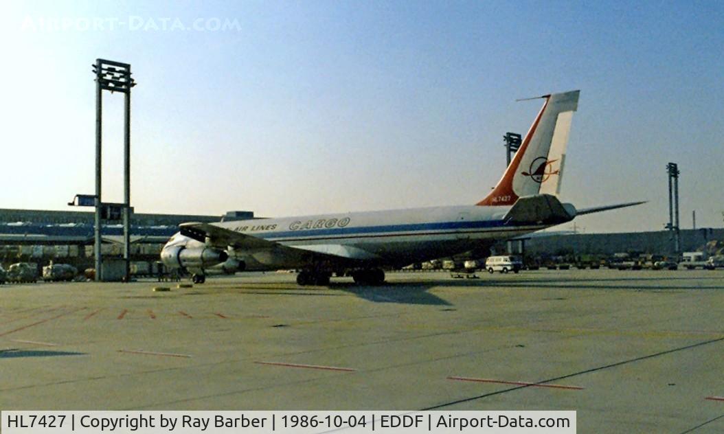 HL7427, 1967 Boeing 707-321C C/N 19372, Boeing 707-321C [19372] (Korean Air) Frankfurt~D 04/10/1986. Image taken from a slide.
